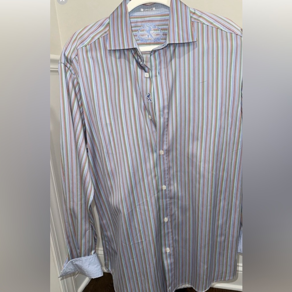Men’s Bugatchi button down dressy shirt. Bright stripes with cuffs. Size Large